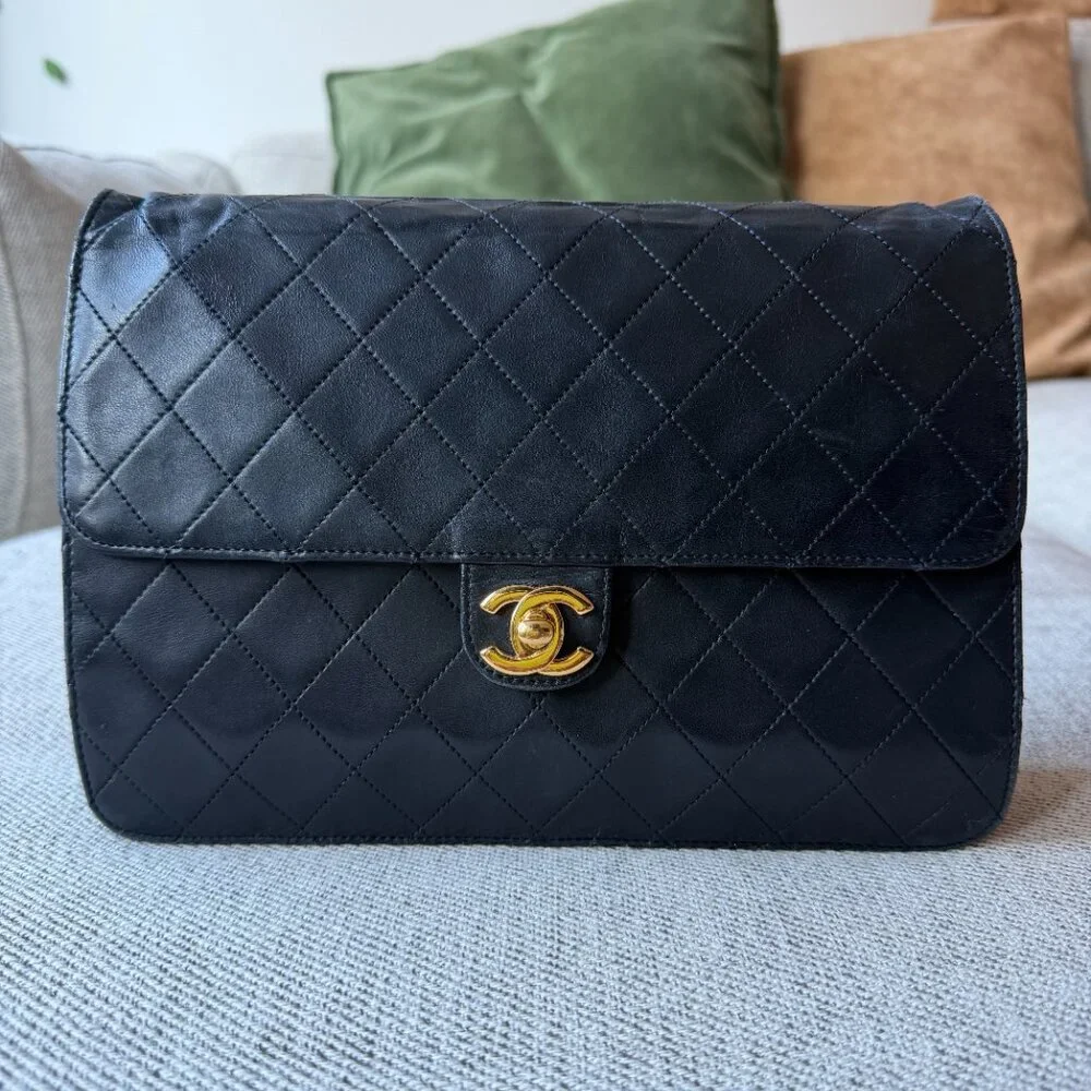 Vintage Chanel Medium Classic Flap Bag Black Lambskin GHW 25cm
